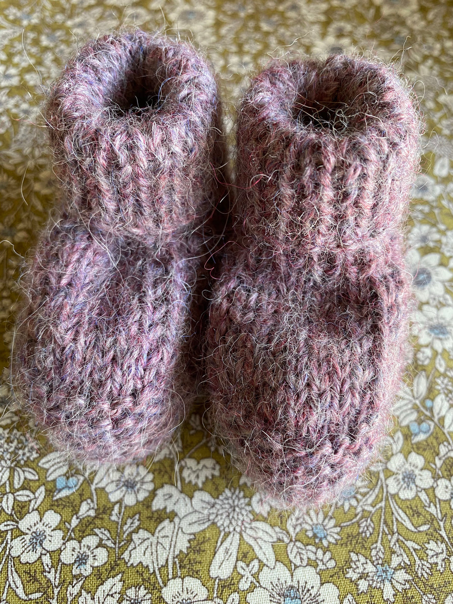 Hand Knitted Baby Bootie. Purple.