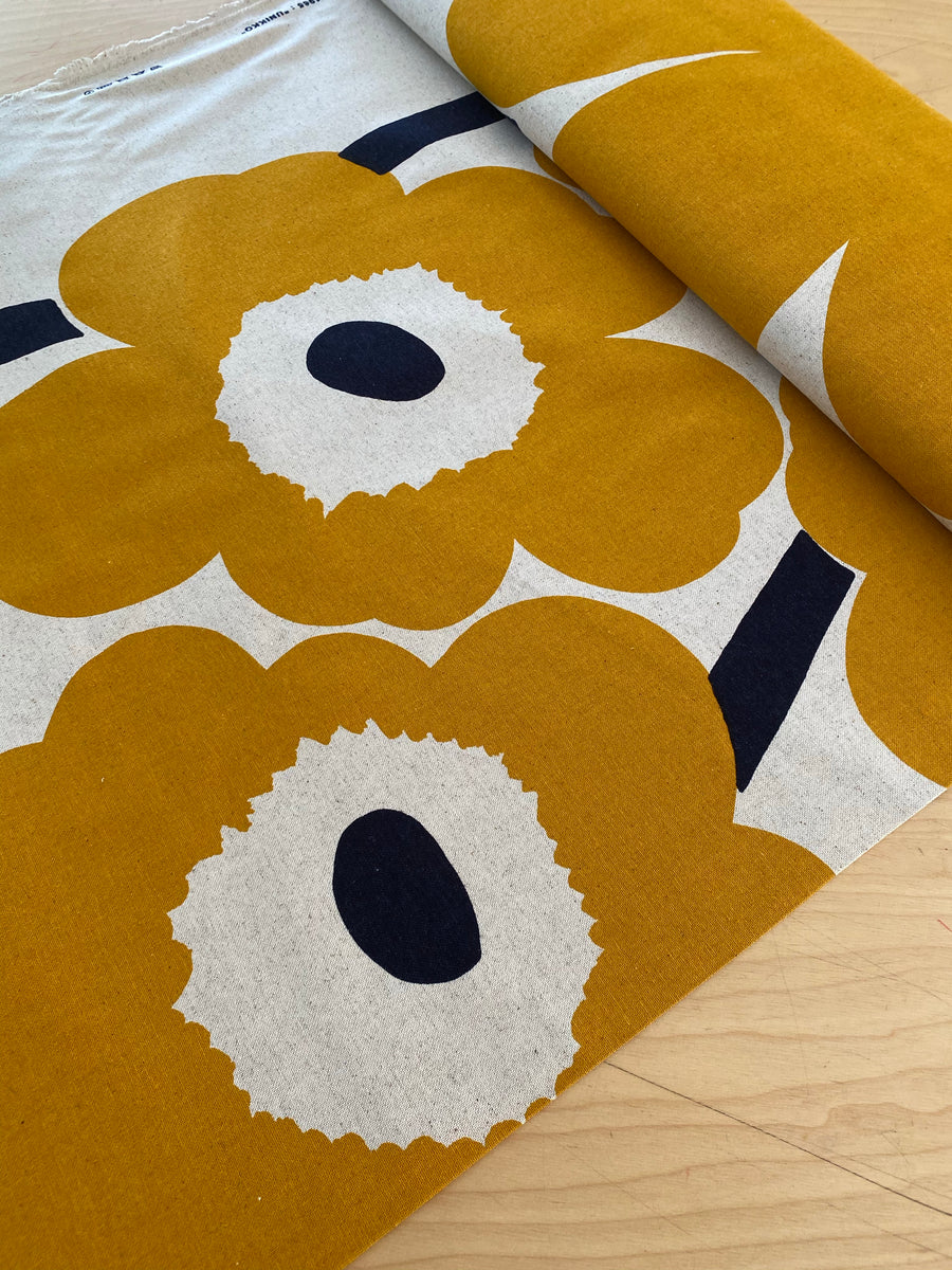Marimekko Unikko Saffron / Navy Cotton / Linen Fabric