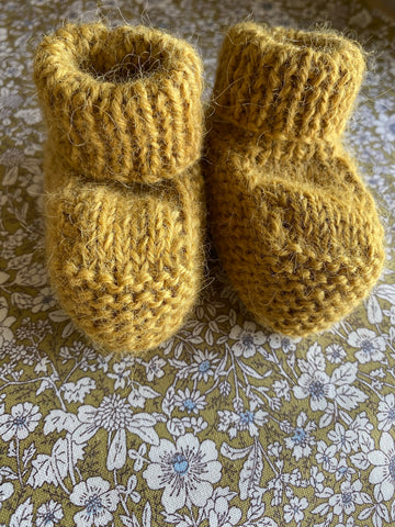 Hand Knitted Baby Bootie. Mustard.